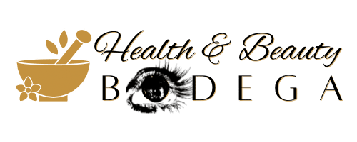 A green background with the words health and beauty bed bath written in gold.