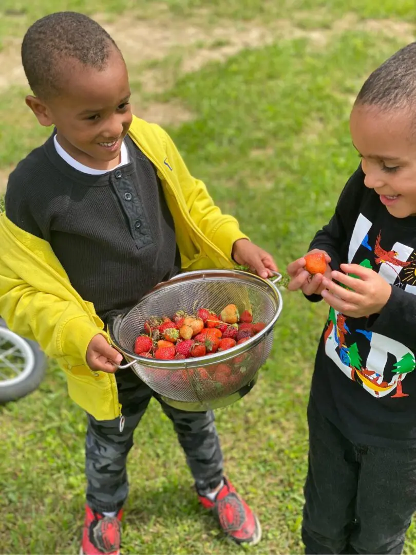 Two young boys holding a bowl of fruit.