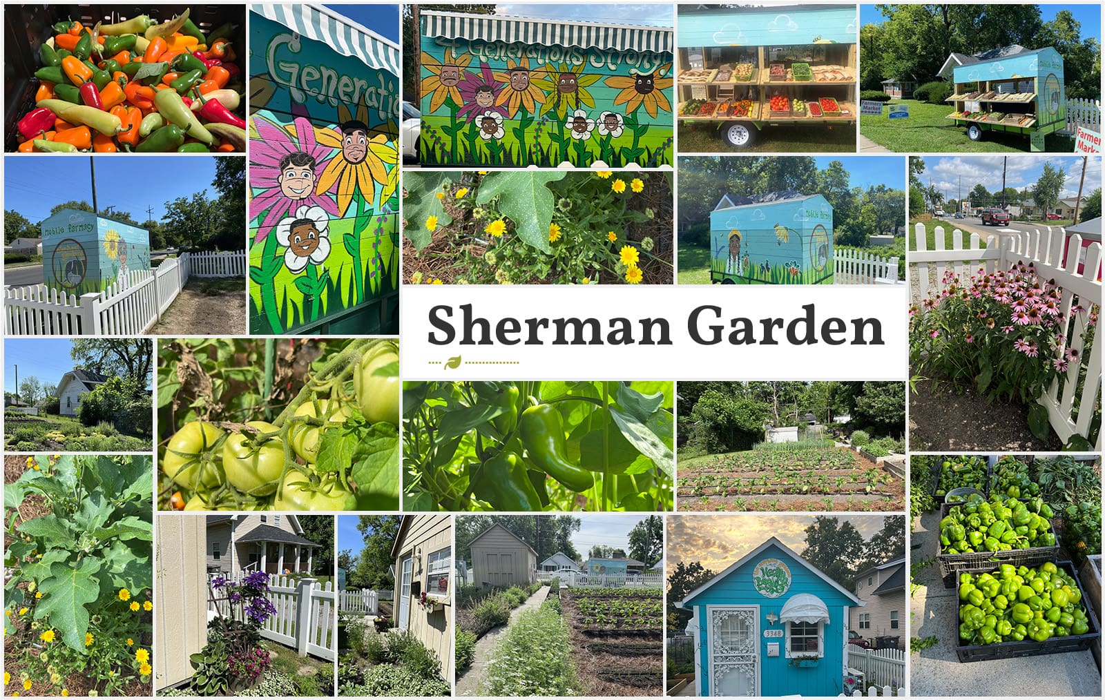 A collage of photos with the words sherman garden in front.